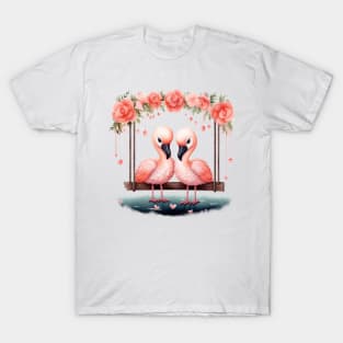 Valentine Flamingo Couple On Swing T-Shirt